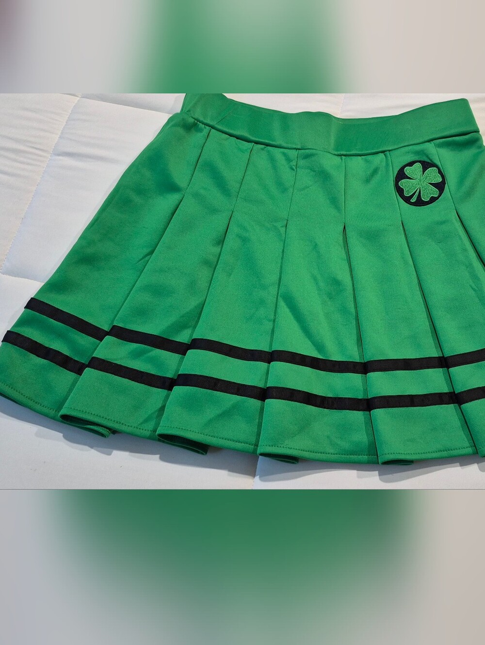 Spencer's Green Pleated Skater Skirt with Black Stripe & Clover Patch